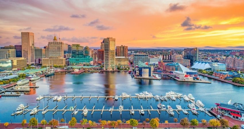 Baltimore Maryland waterfront and harbor at sunset