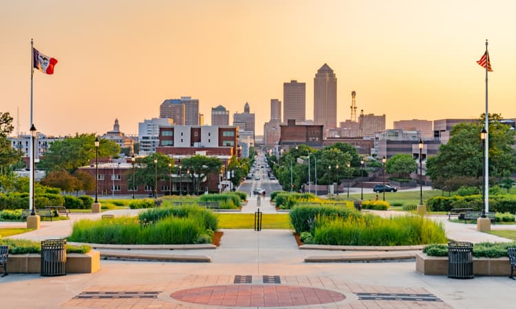 View of the Des Moines skyline at sunset from the Iowa Captial